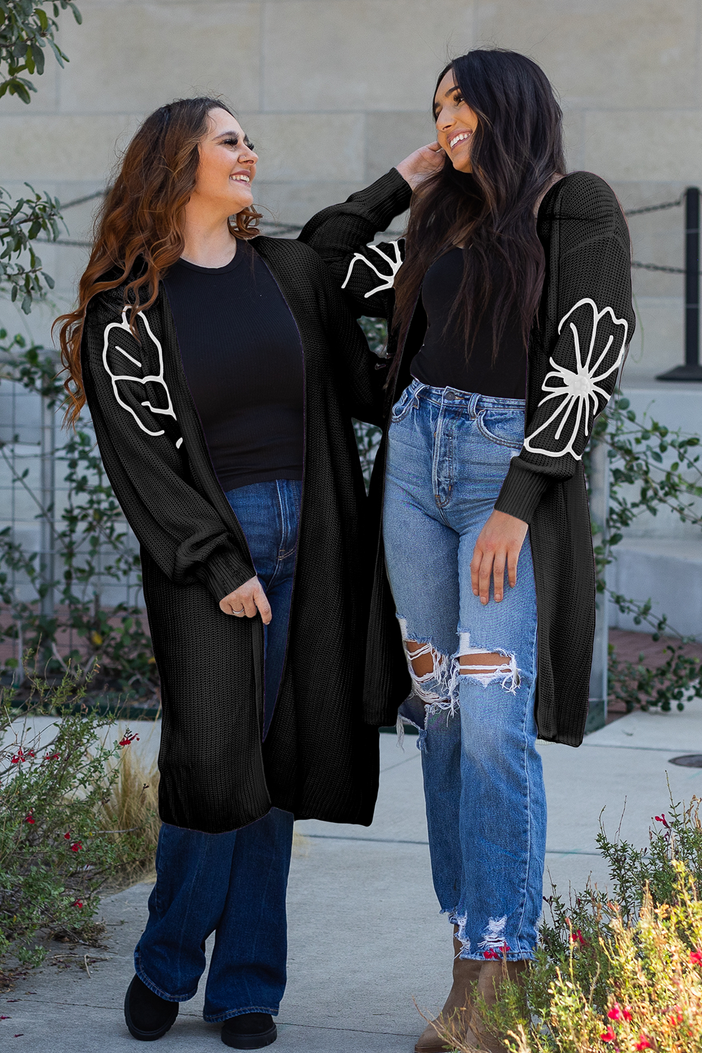 Black Flower Embroidered Drop Shoulder Open Front Duster Cardigan - loveforevers