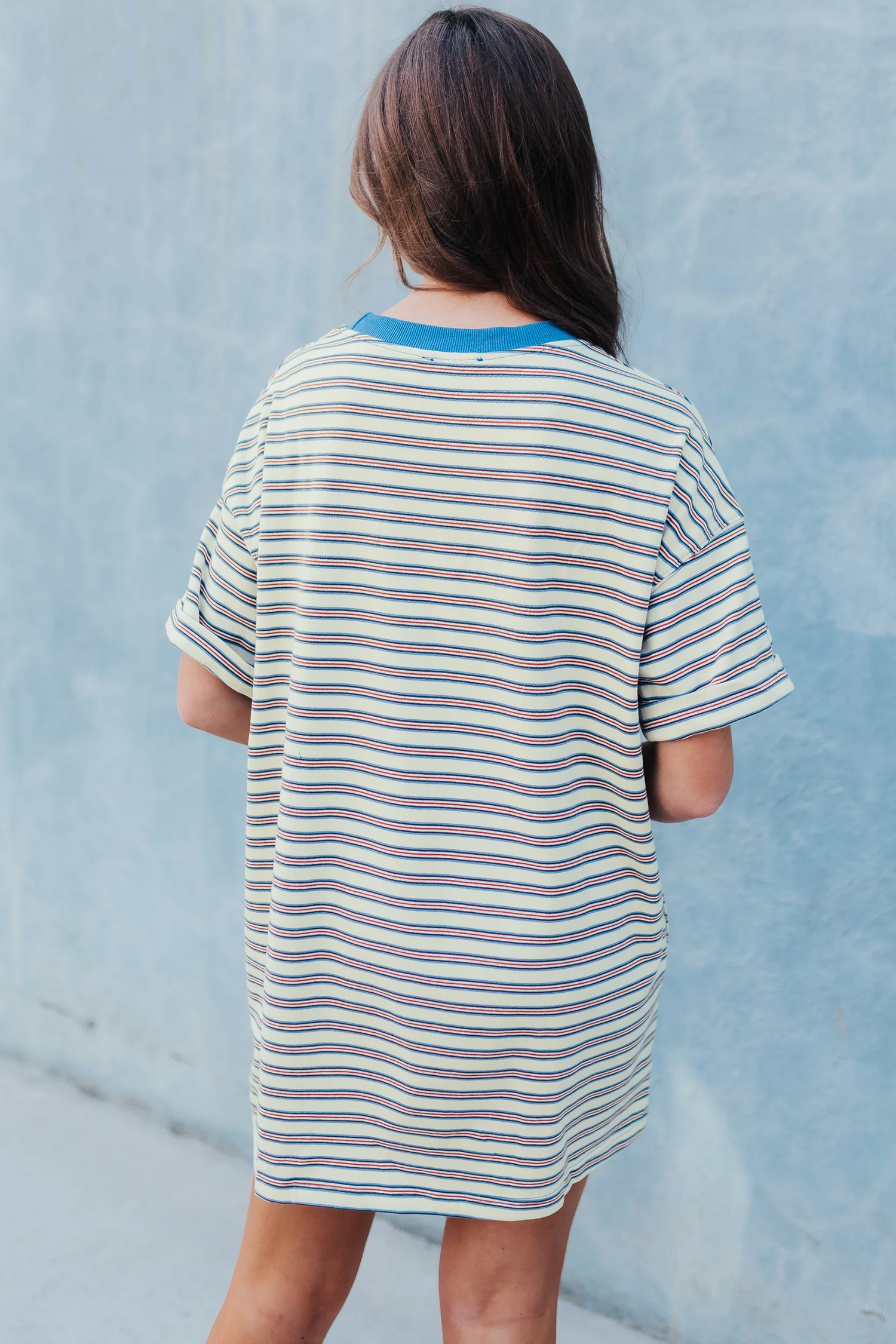 White Stripe Drop Shoulder Cuffed Sleeve Loose Tunic T Shirt Mini Dress - loveforevers