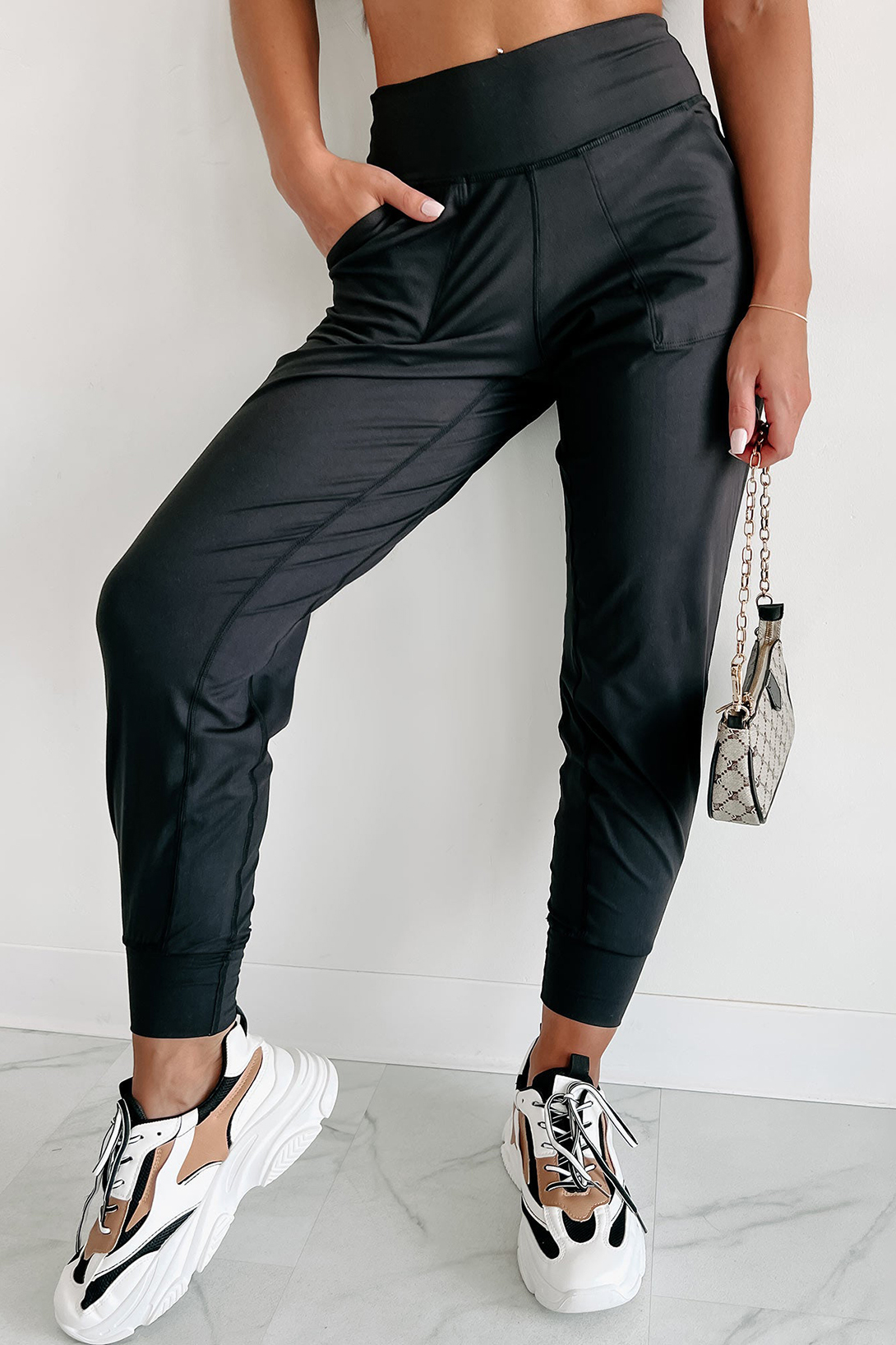 Black Exposed Seam High Waist Pocketed Joggers - loveforevers