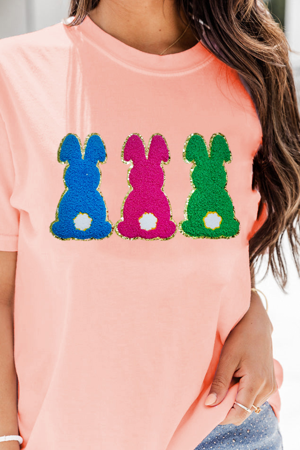 Pink Easter Bunny Chenille Patched Graphic Tee - loveforevers