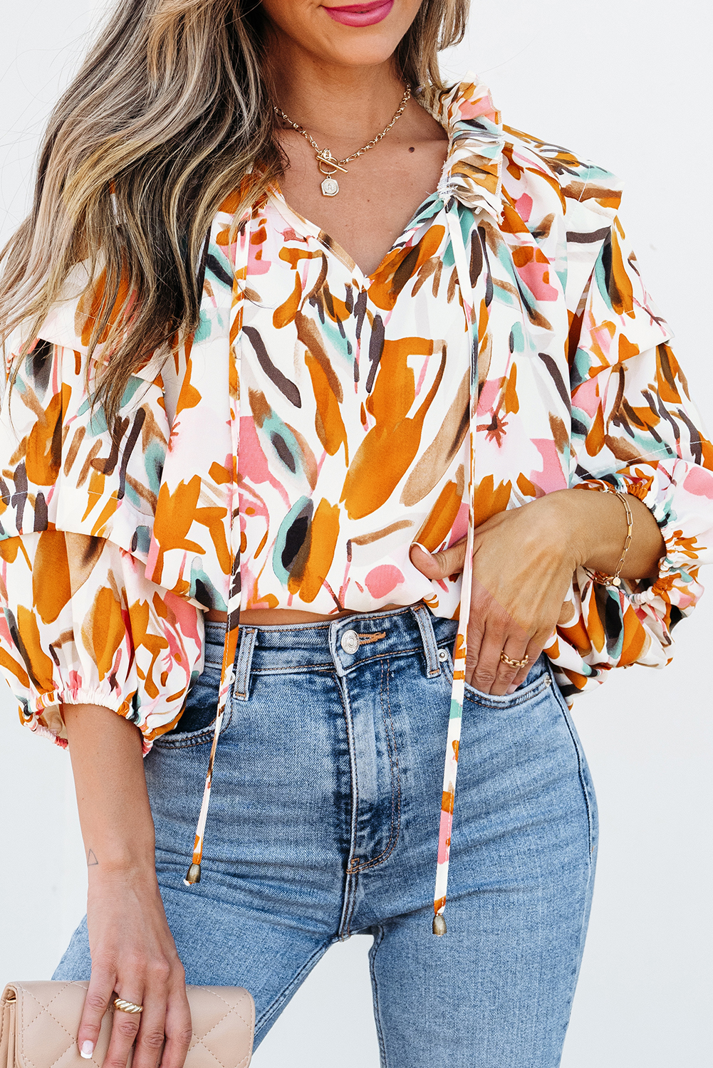 Yellow Abstract Print Drawstring Frilled V Neck 3/4 Sleeve Blouse - loveforevers