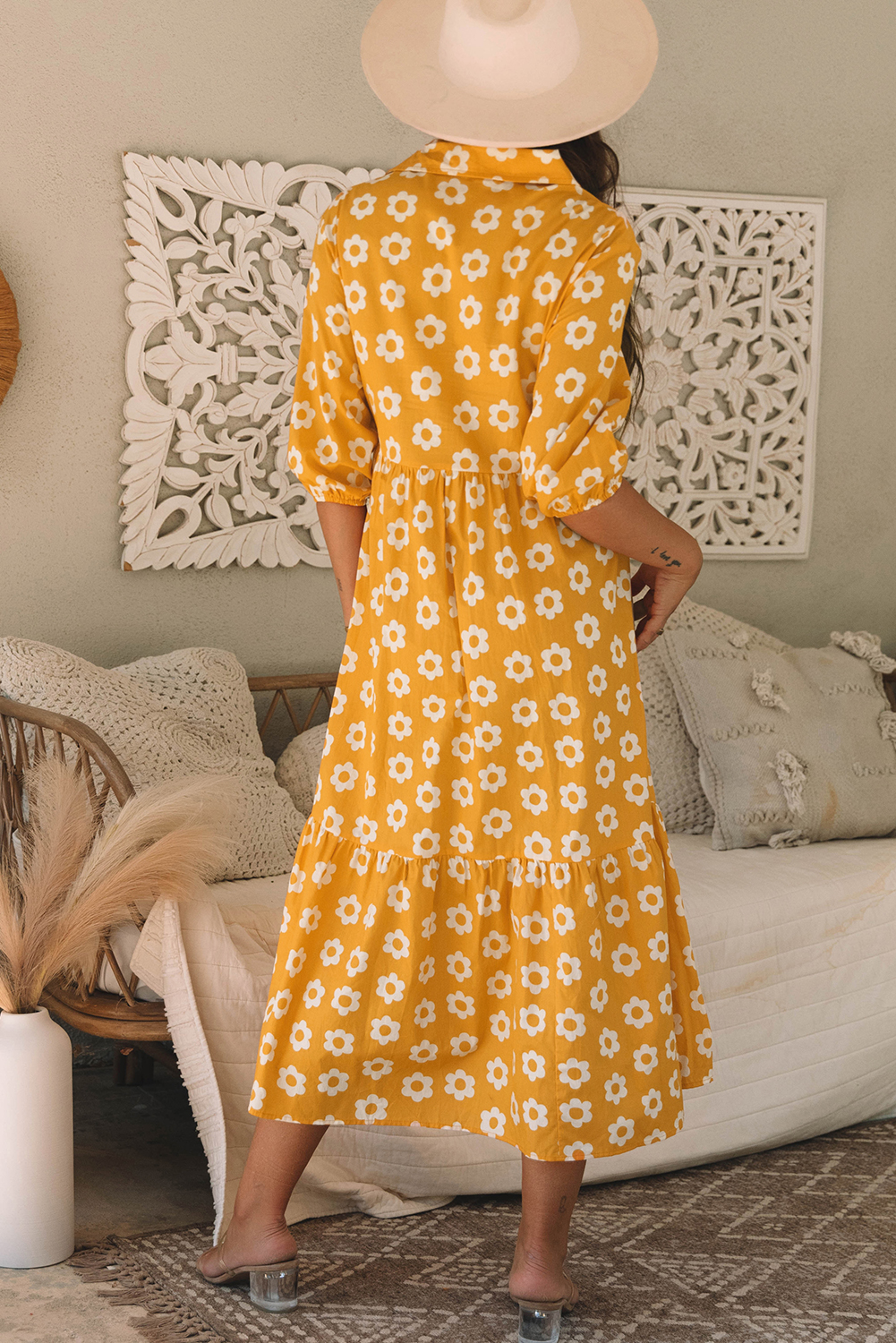 Yellow Flower Print Bracelet Sleeve Buttons Collared Maxi Dress - loveforevers