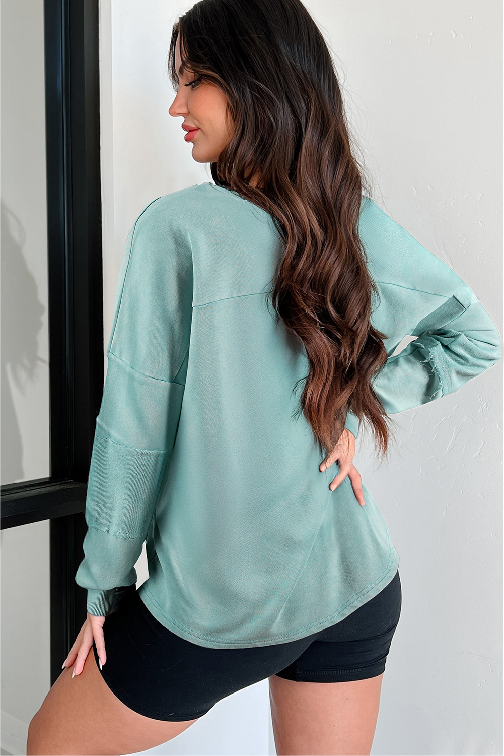 Mist Blue Mineral Wash Exposed Seam Buttoned V Neck Pullover Top - loveforevers
