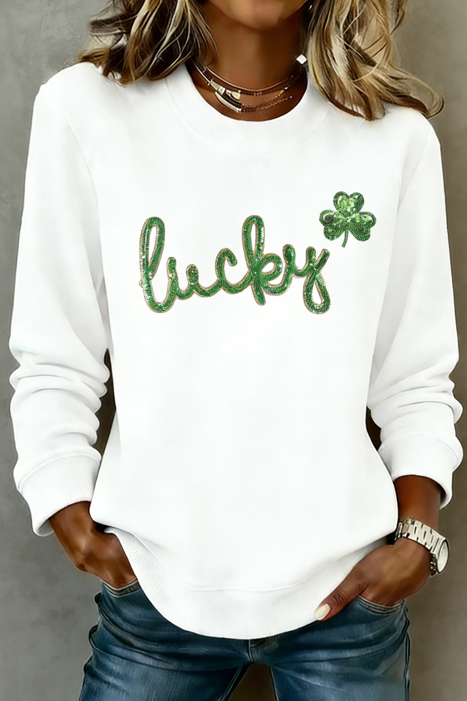 White Irish Festive Sequin lucky Clover Graphic Sweatshirt - loveforevers