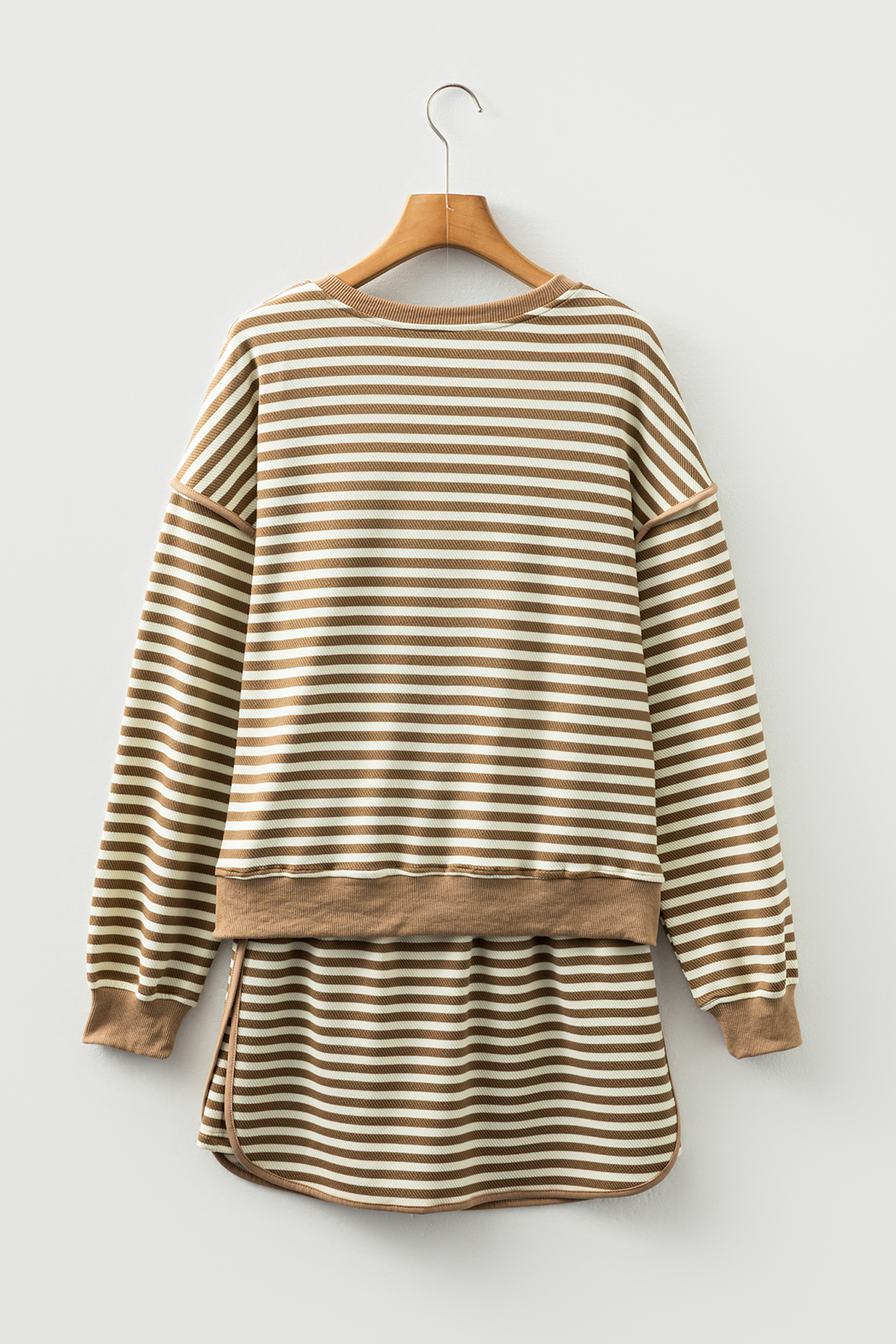 Black Stripe Textured Drop Shoulder Pullover Top Drawstring Mini Skort Two Piece Dress Set - loveforevers