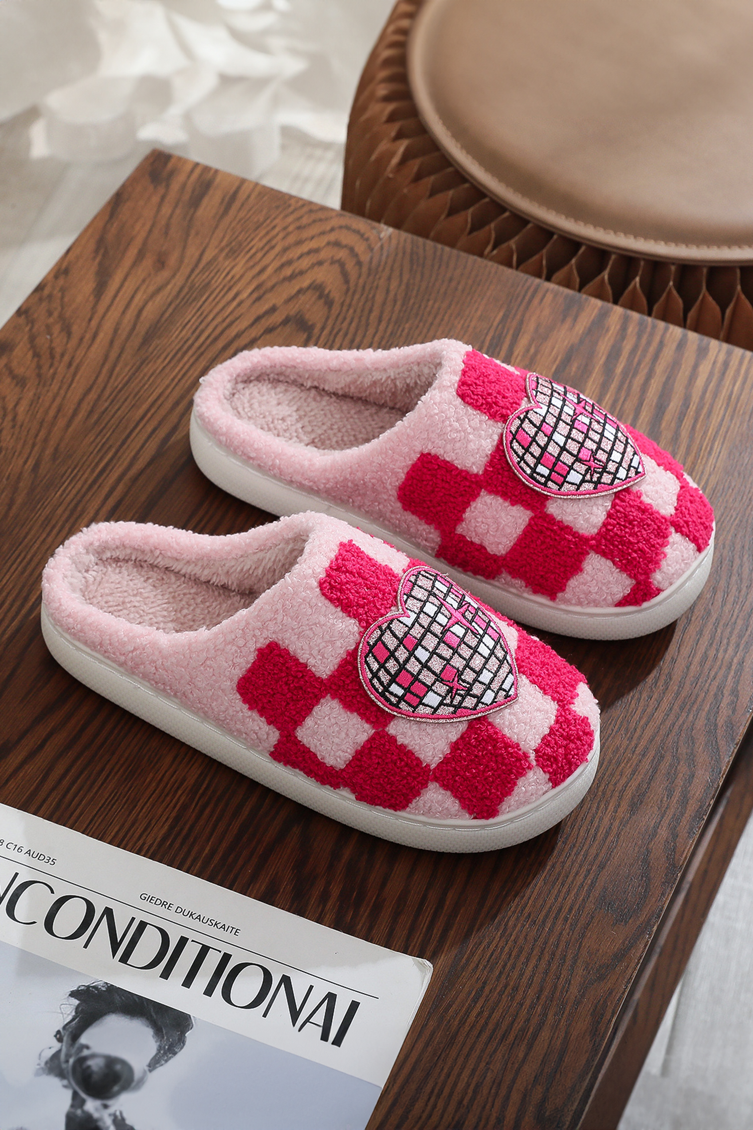 Fiery Red Disco Checkered Heart Plush Winter House Slippers - loveforevers