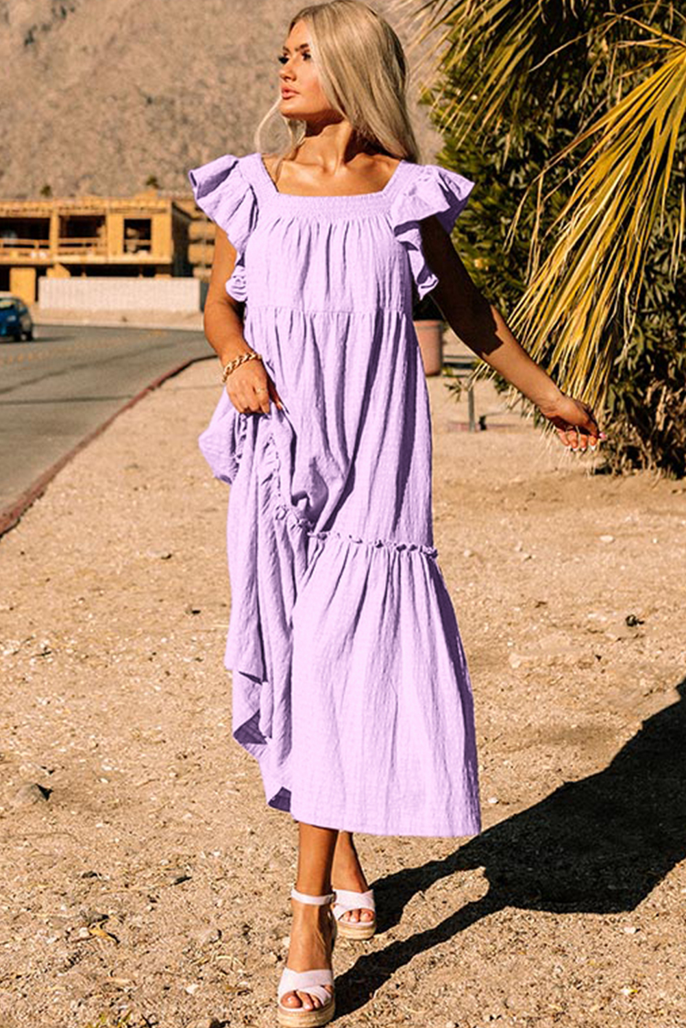 Sky Blue Ruffled Flutter Sleeve Square Neck Textured Tiered Maxi Dress - loveforevers