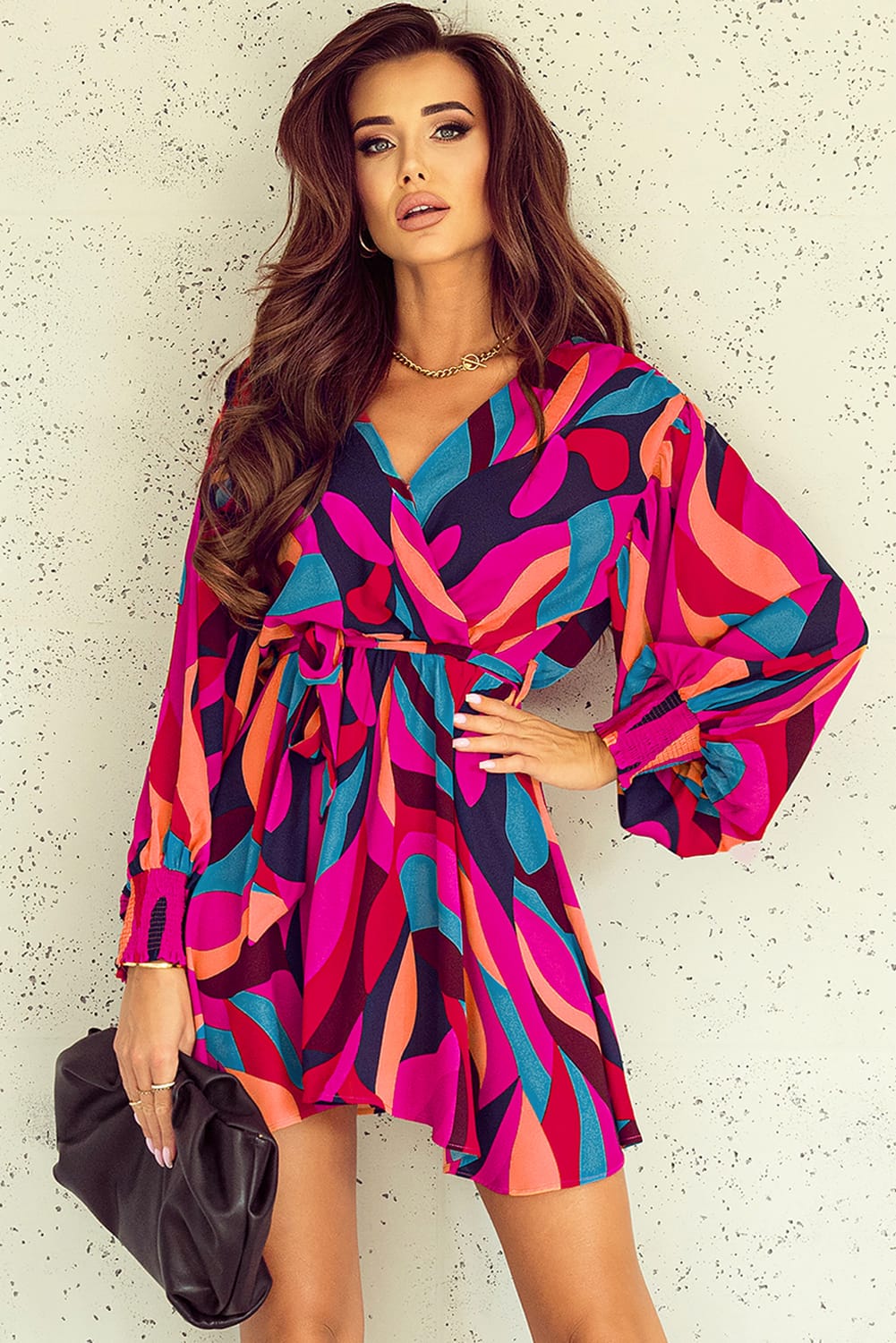 Fiery Red Abstract Printed Belted Puff Sleeve Mini Dress - loveforevers