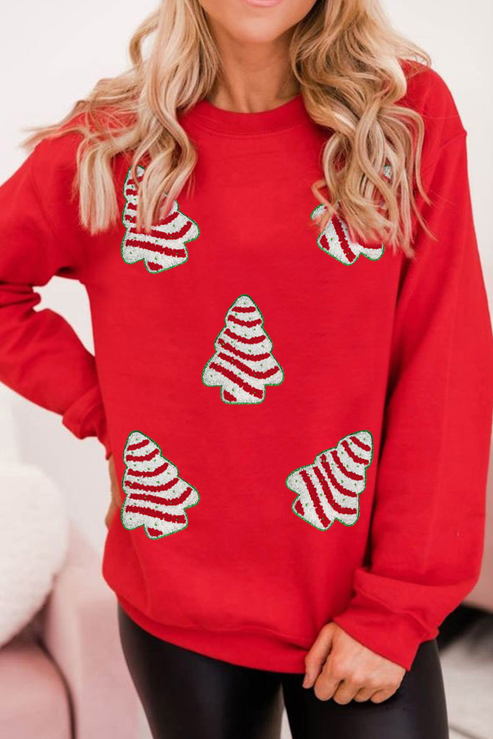Red Playful Christmas Tree Patched Dropped Shoulder Sweatshirt - loveforevers
