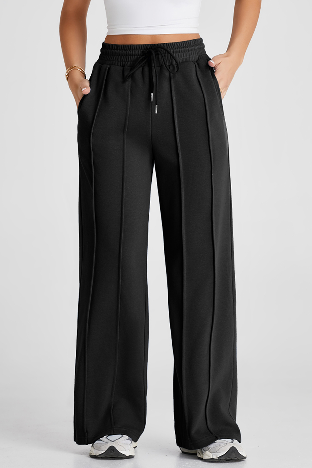 Black Seamed Drawstring High Waist Wide Leg Sweatpants - loveforevers