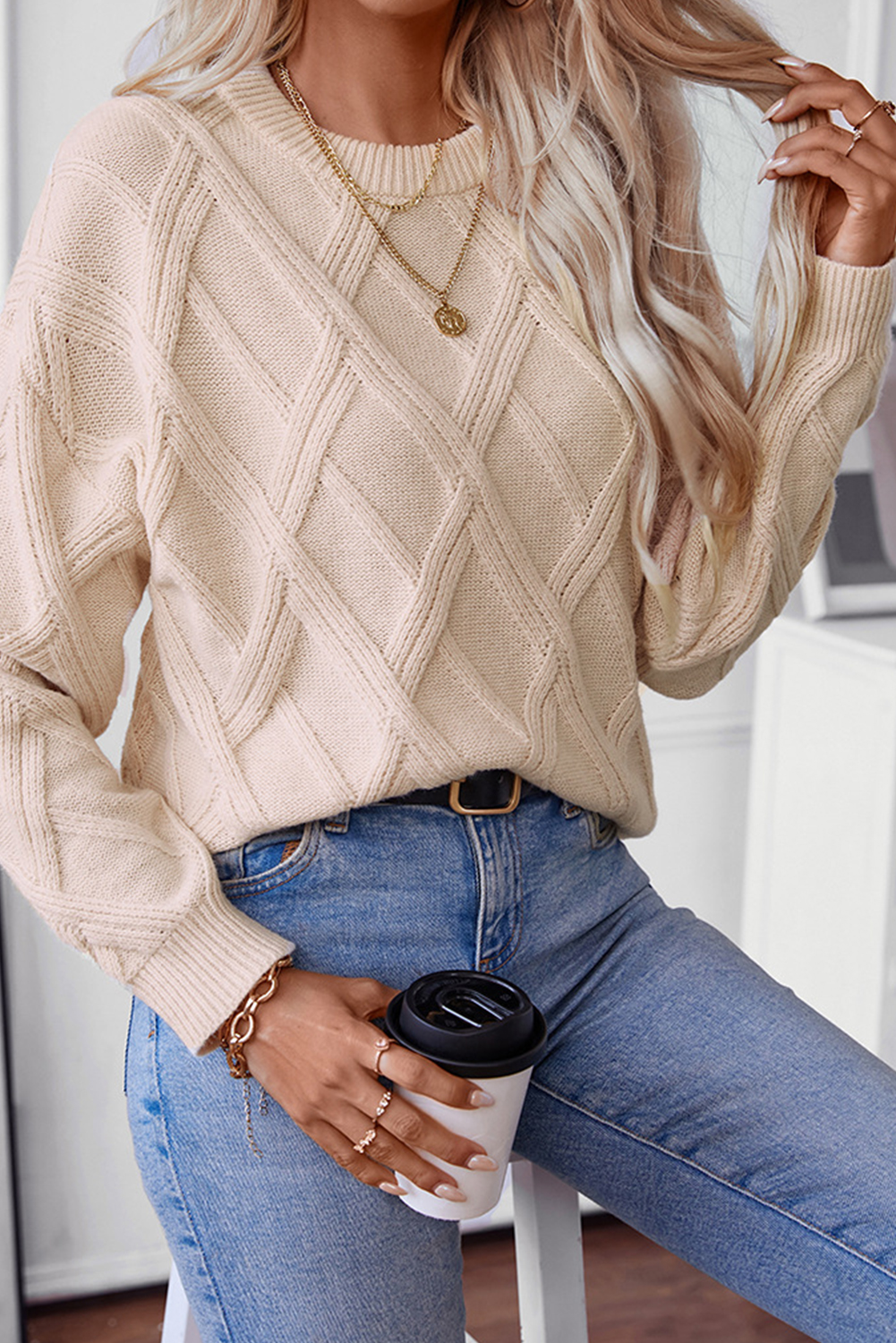 Apricot Diamond Pattern Textured Crew Neck Sweater - loveforevers