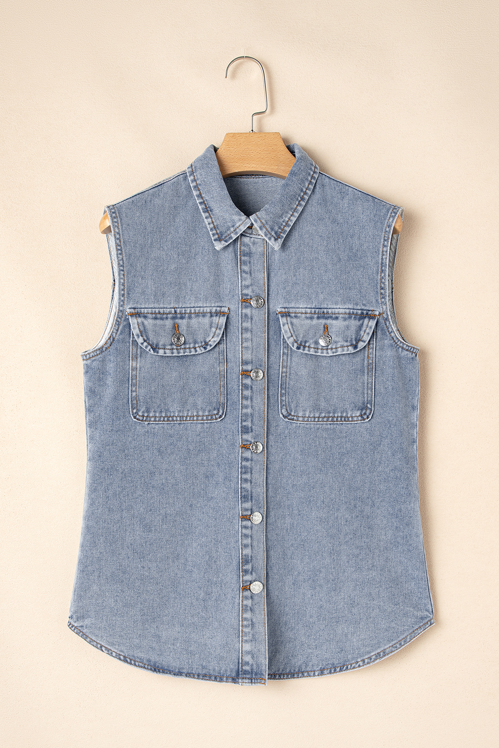 Beau Blue Denim Flap Pocket Curved Hem Shirt Vest - loveforevers