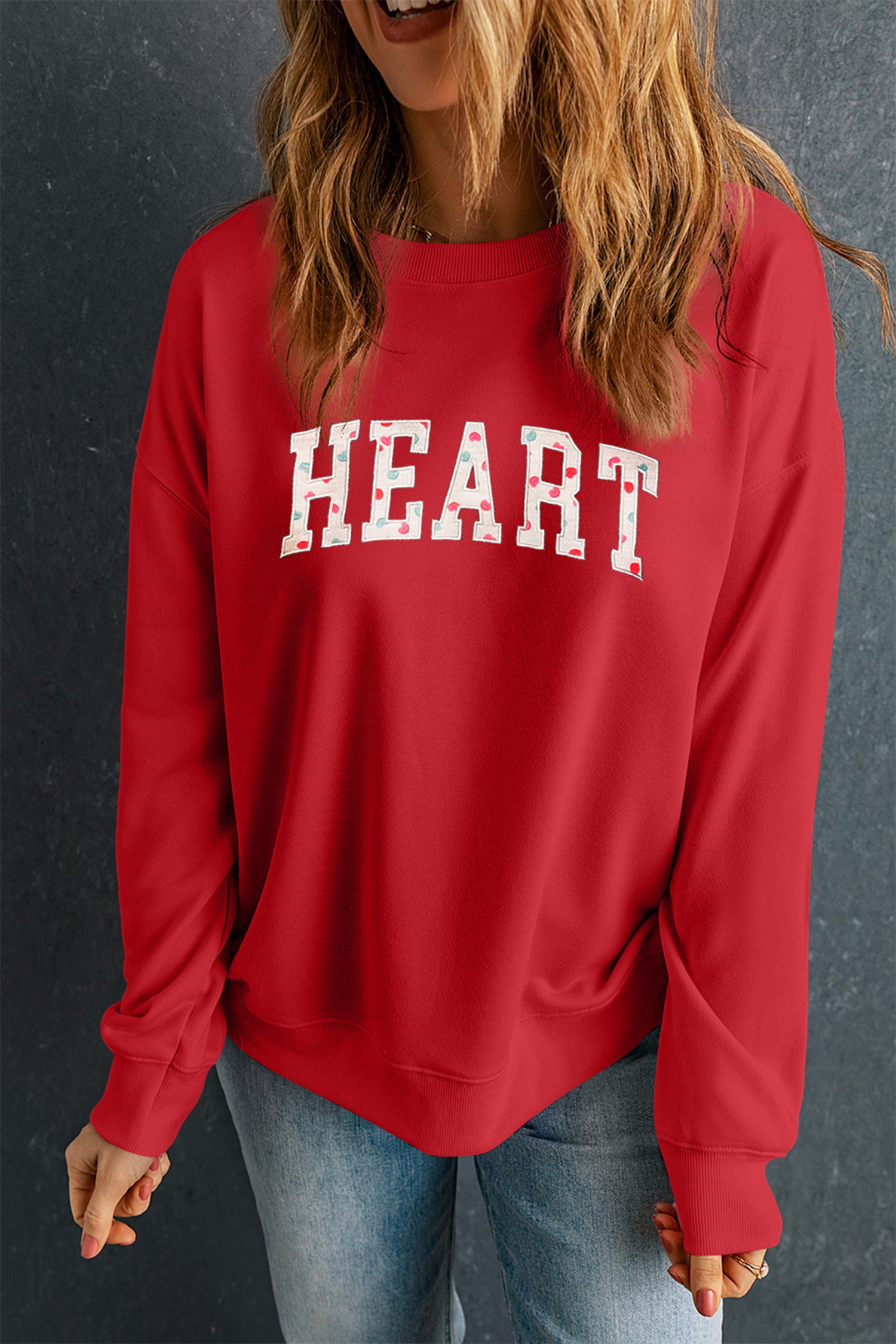 Red HEART Embroidered Patched Graphic Valentine Sweatshirt - loveforevers
