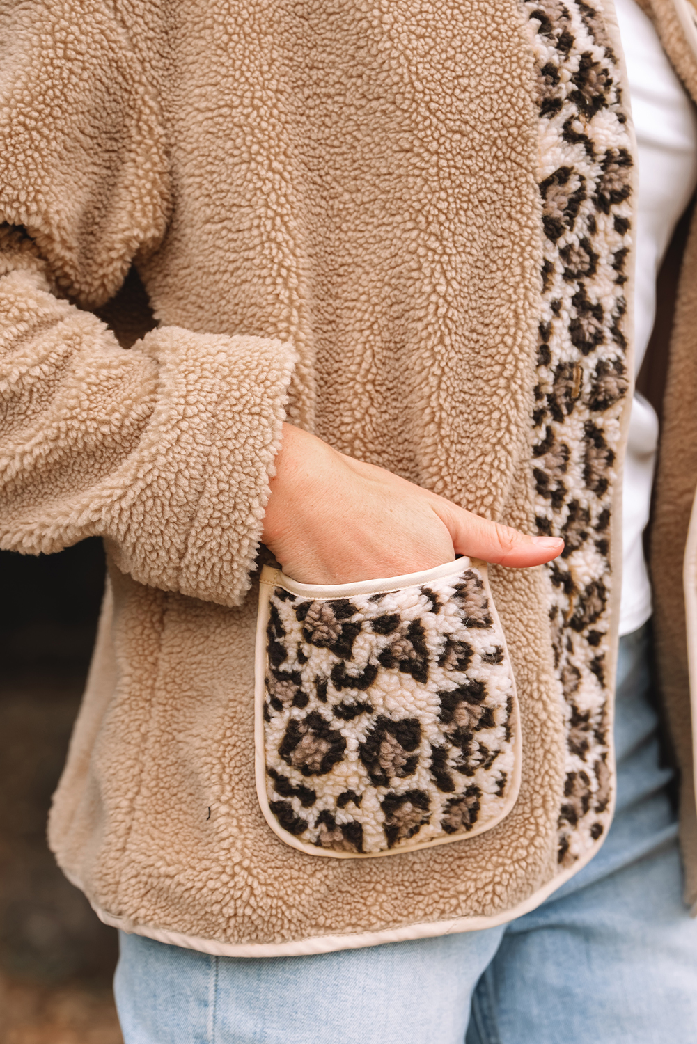 Casual Leopard Print Accent Plush Jacket with Pockets - loveforevers