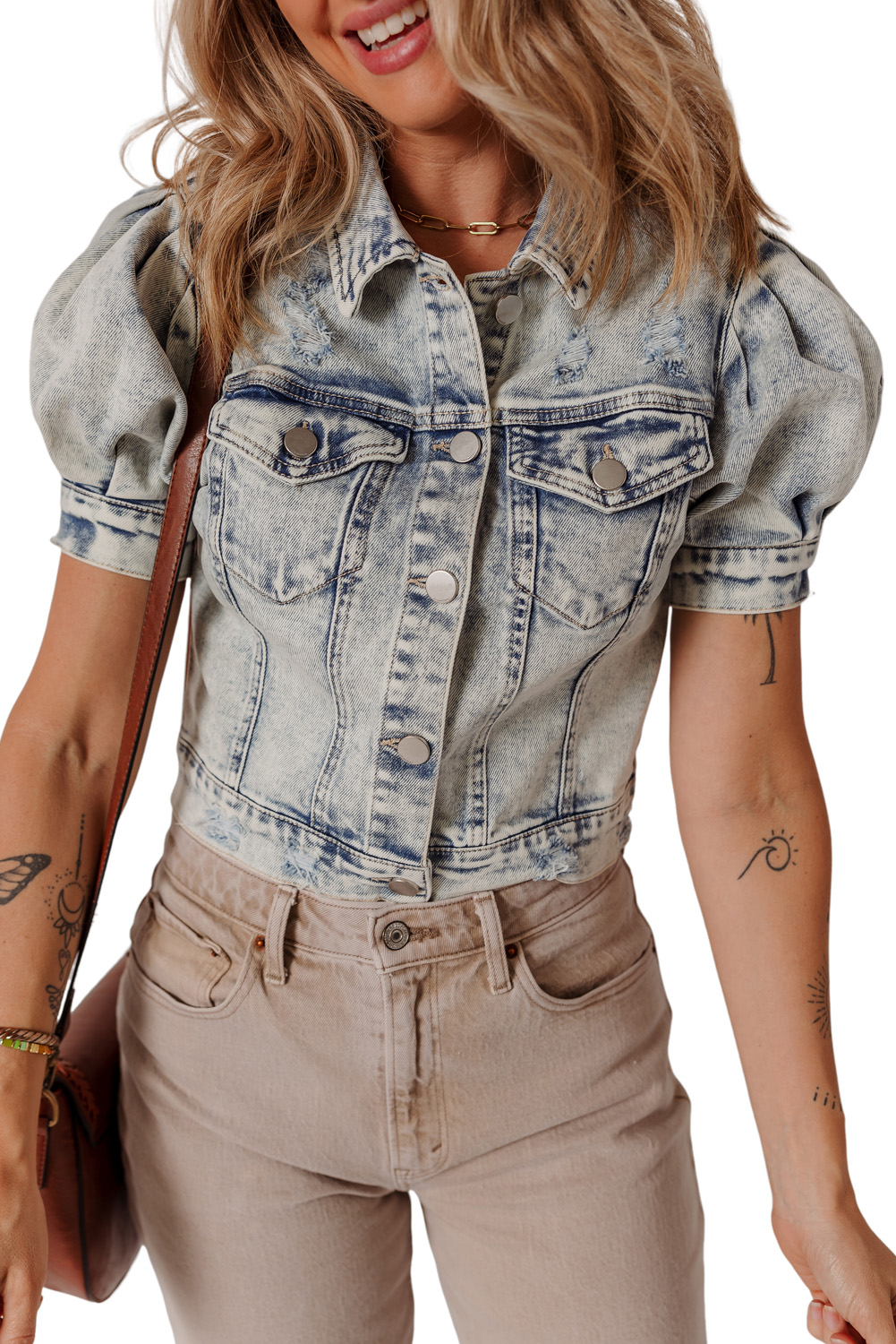 Beau Blue Light Wash Buttoned Chest Pocket Puff Sleeve Denim Jacket - loveforevers