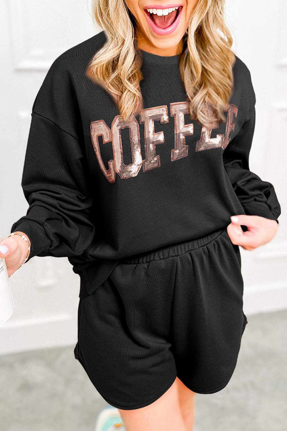 Black Sequined COFFEE Loose Fit Sweatshirt and Shorts Set - loveforevers