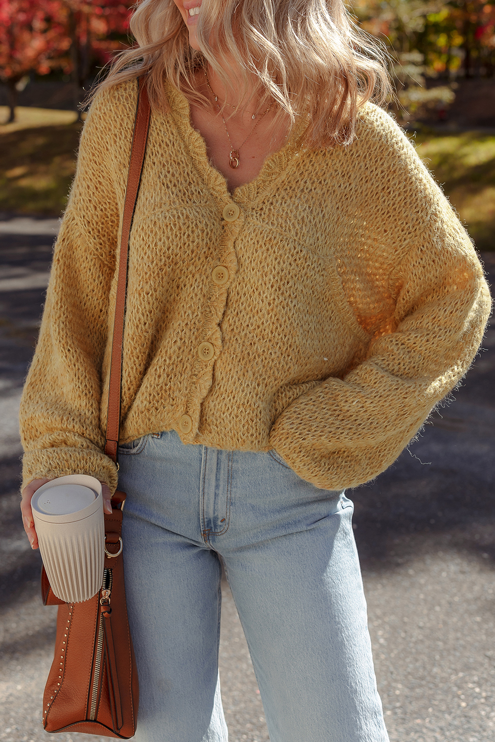 Light French Beige Lantern Sleeve Scallop V Neck Buttoned Front Cardigan - loveforevers