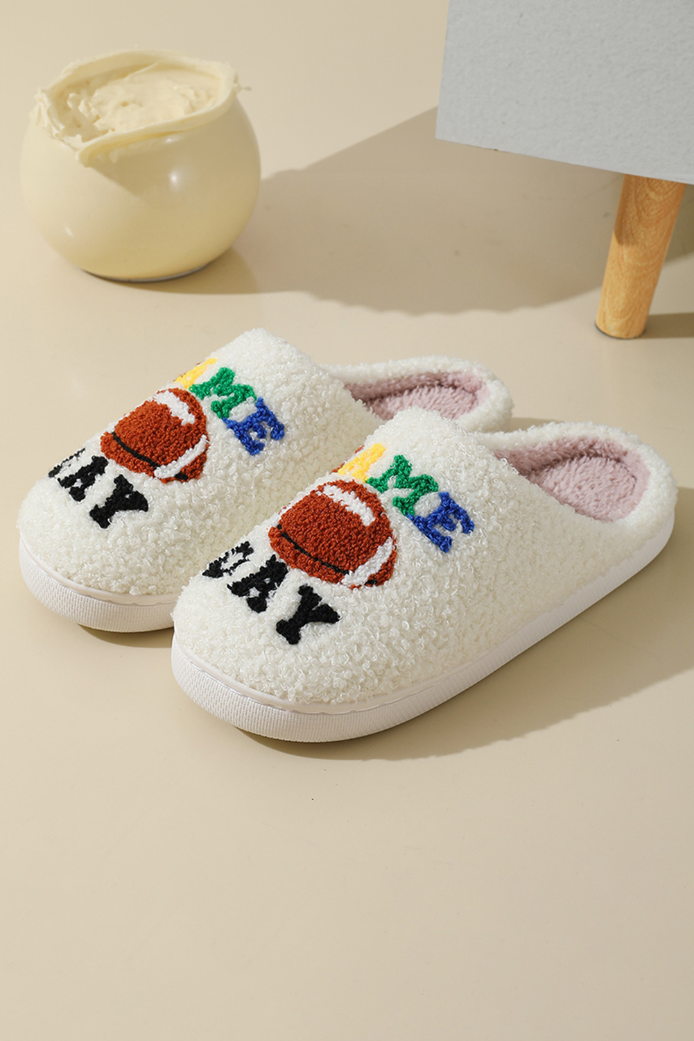 White GAME DAY Rugby Football Plush Slippers - loveforevers