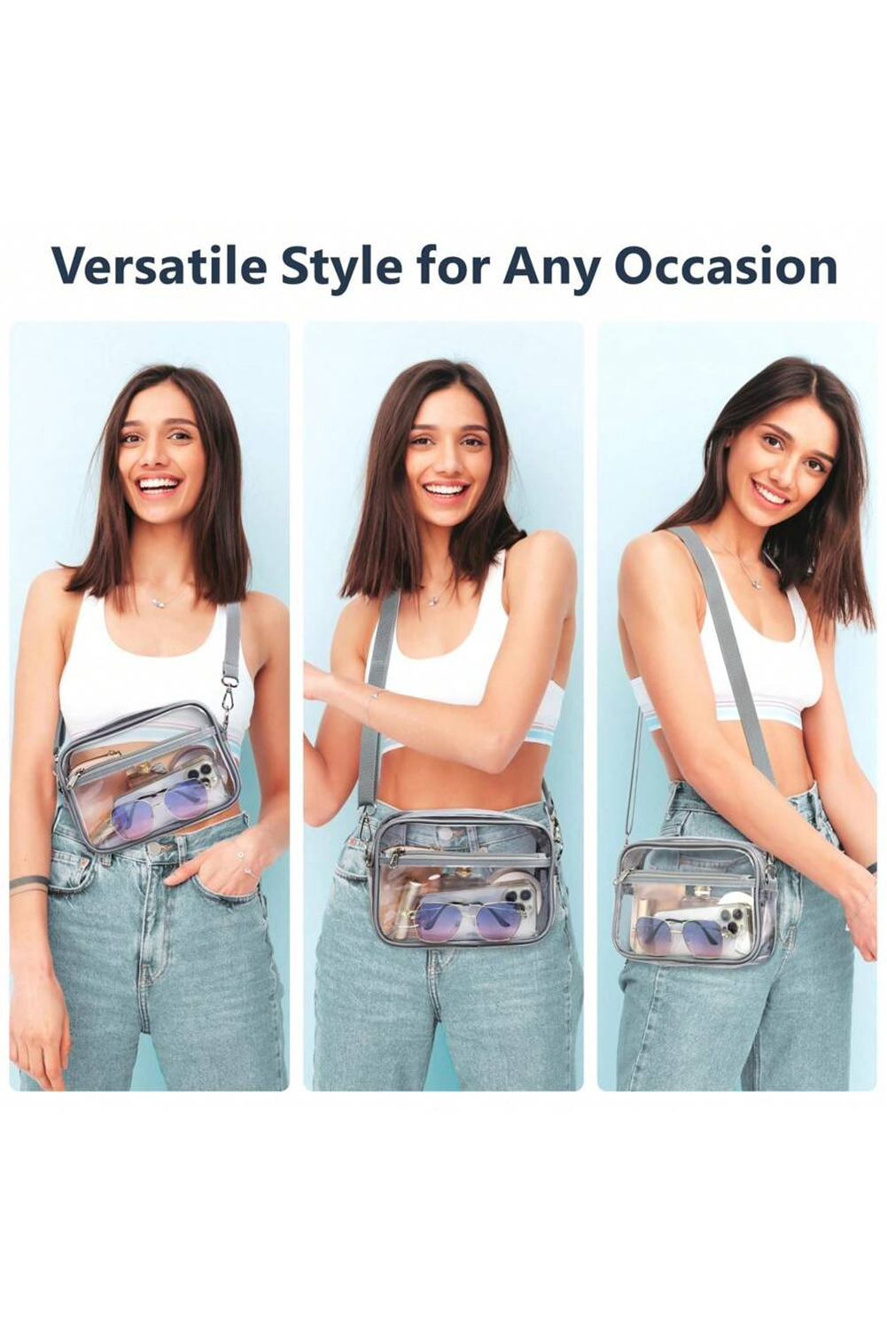 Gray Multi-Pocket Contrast Edge Detachable Strap Clear Shoulder Bag - loveforevers