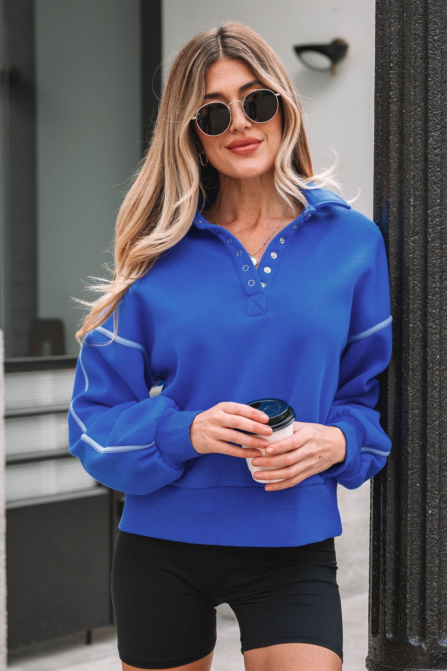 Sky Blue Button up Collared Exposed Seam Chic Sweatshirt - loveforevers