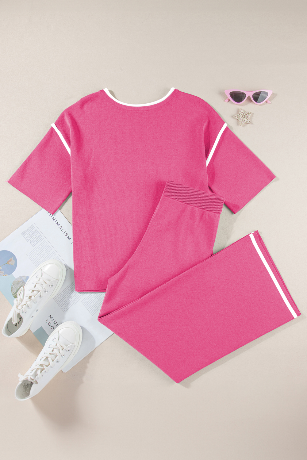Blackish Green Contrast Trim Half Sleeve Top Drawstring Pants Loose 2pcs Sweater Suit - loveforevers