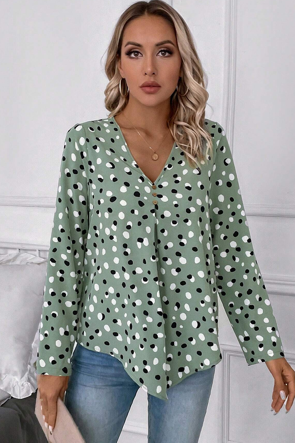 Green Polka Dot Print Button Front V Neck Blouse - loveforevers