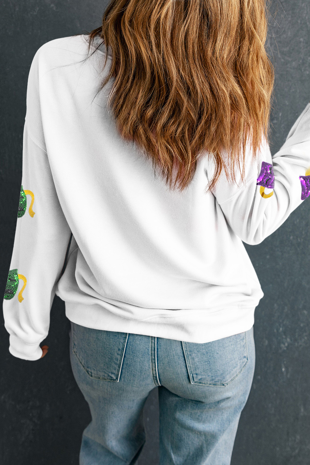White Sequined Mardi Gras Mask Pattern Drop Shoulder Sweatshirt - loveforevers