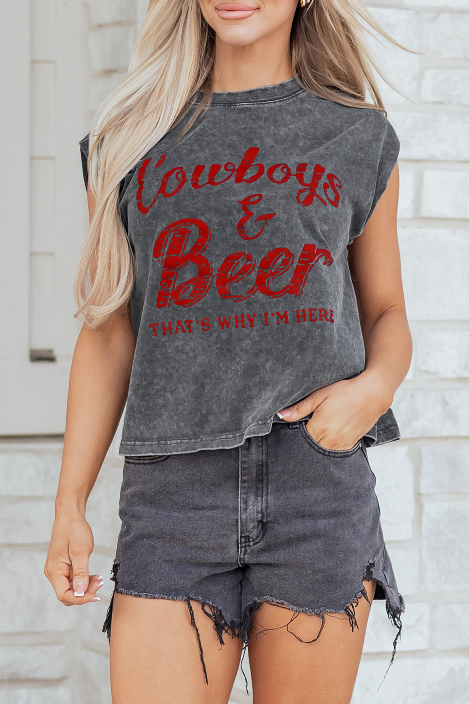 Smoke Gray Cowboy & Beer Western Graphic Mineral Wash Tank Top - loveforevers