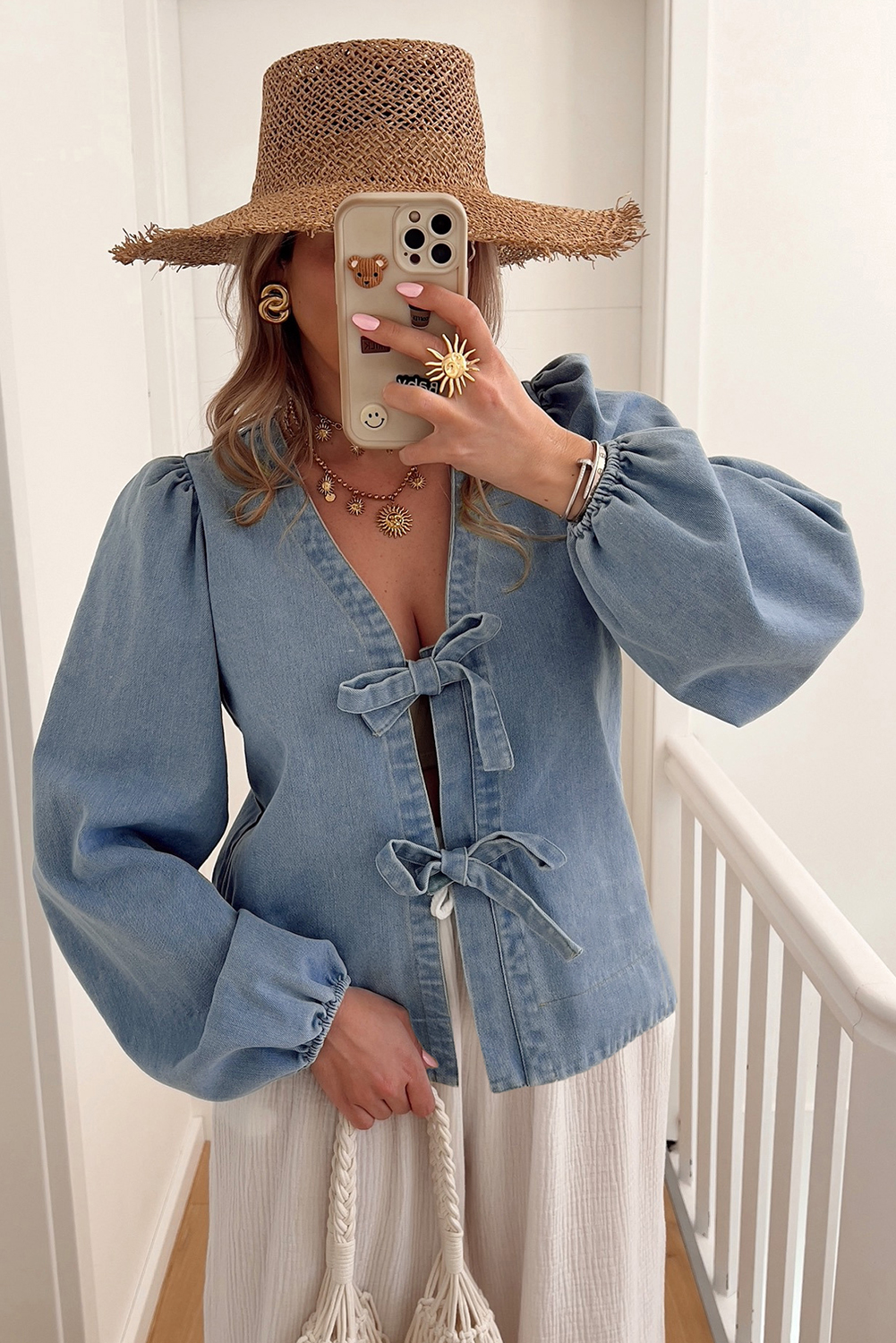 Dusk Blue Tied Front Long Puff Sleeve Denim Top - loveforevers
