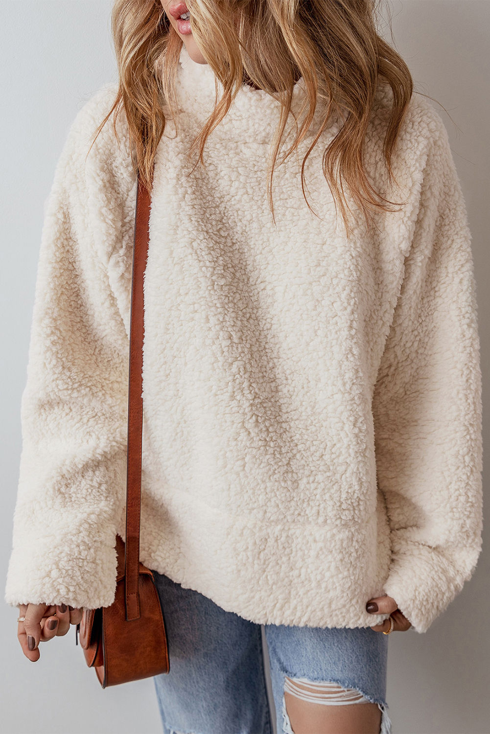 White Solid Fleece High Neck Drop Shoulder Pullover Sweatshirt - loveforevers