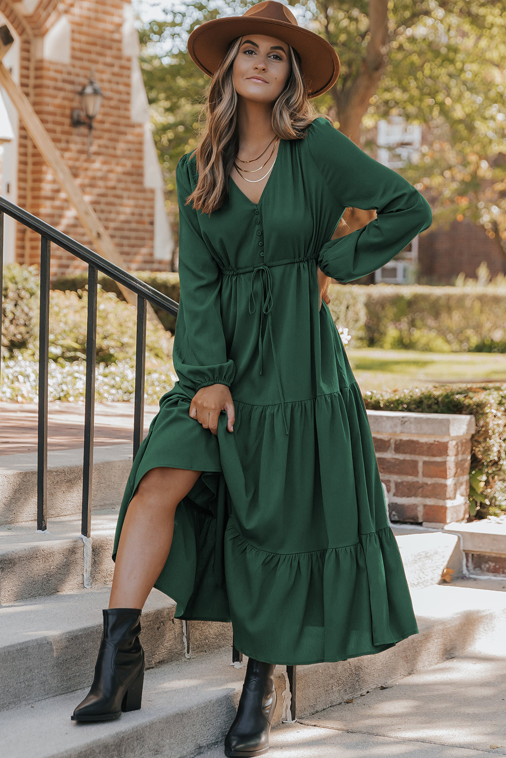 Blackish Green Solid Long Sleeve Button V Neck Tiered Maxi Dress - loveforevers