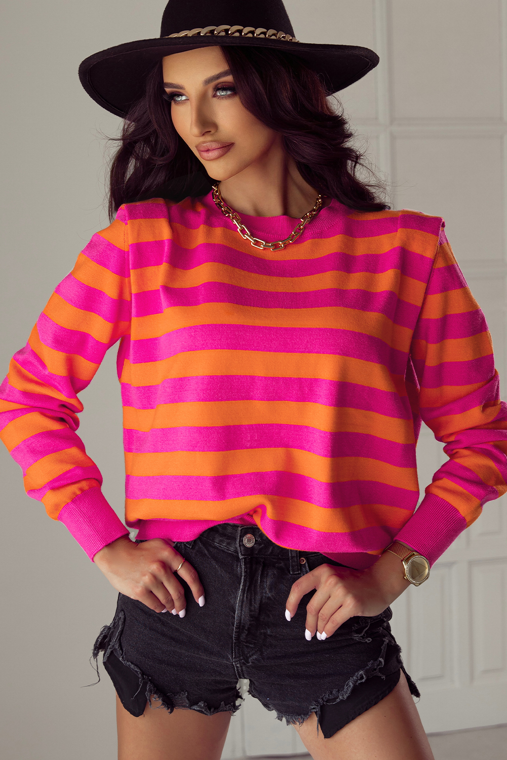 Rose Stripe Shoulder Pad Round Neck Sweater - loveforevers