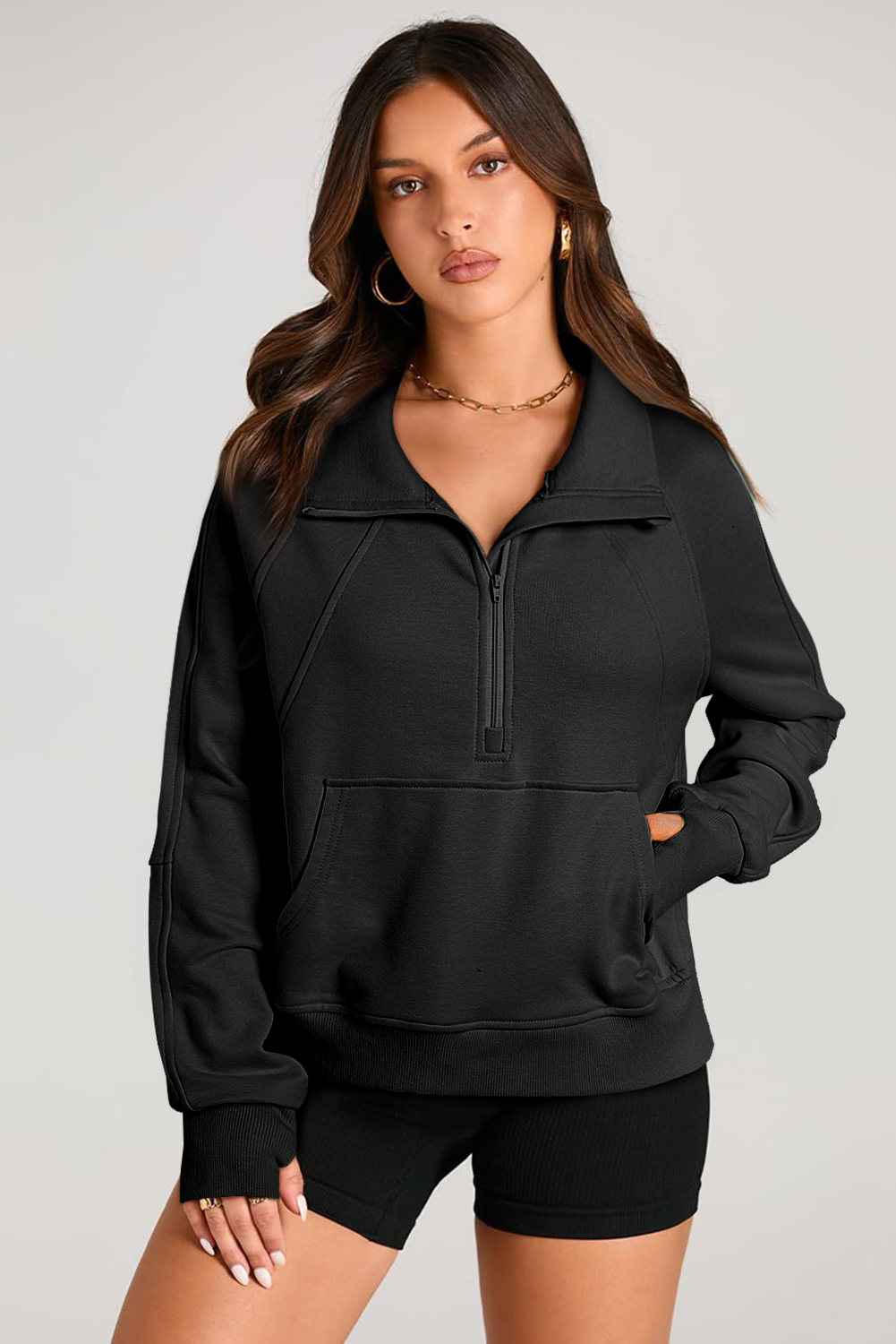 Aruba Blue Quarter Zip Stand Neck Kangaroo Pocket Sweatshirt - loveforevers