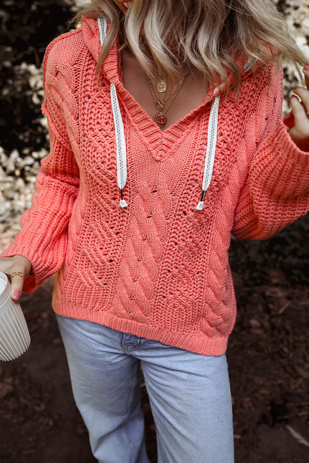 Gold Flame Cable Knit V Neck Contrast Drawstring Hooded Sweater - loveforevers