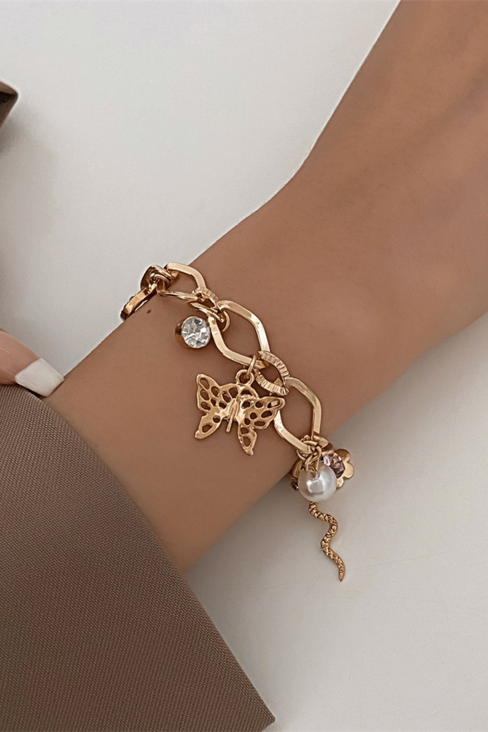 Gold Heart Butterfly Pearl Charm Plated Alloy Bracelet - loveforevers