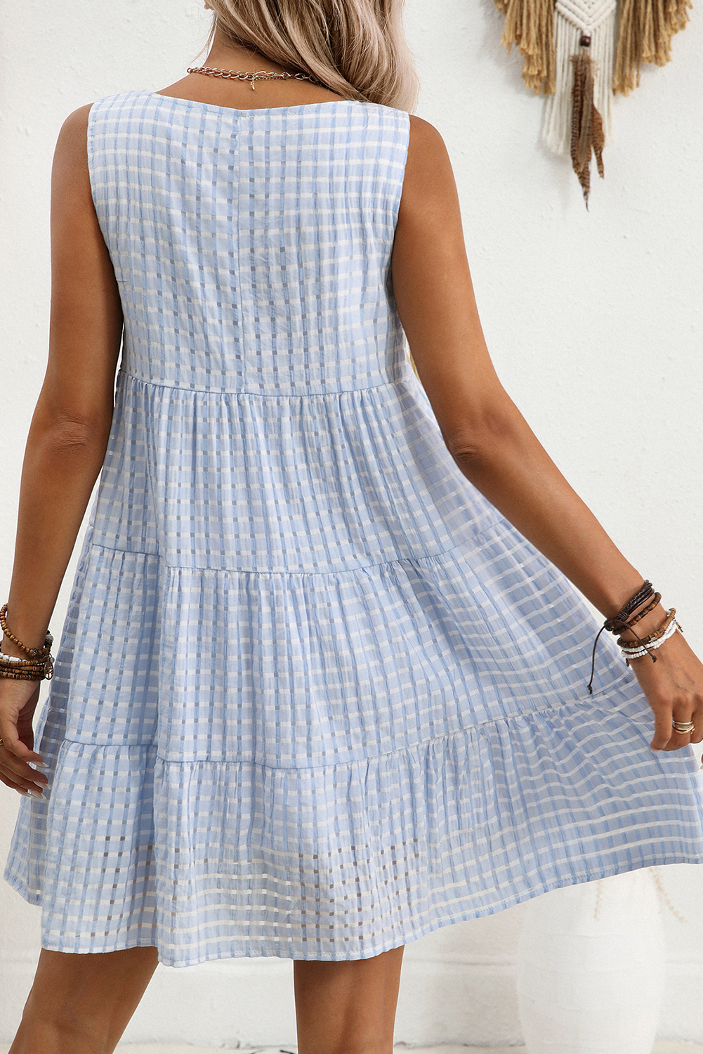 Light Blue Plaid Tiered A-line Sleeveless Mini Sundress - loveforevers