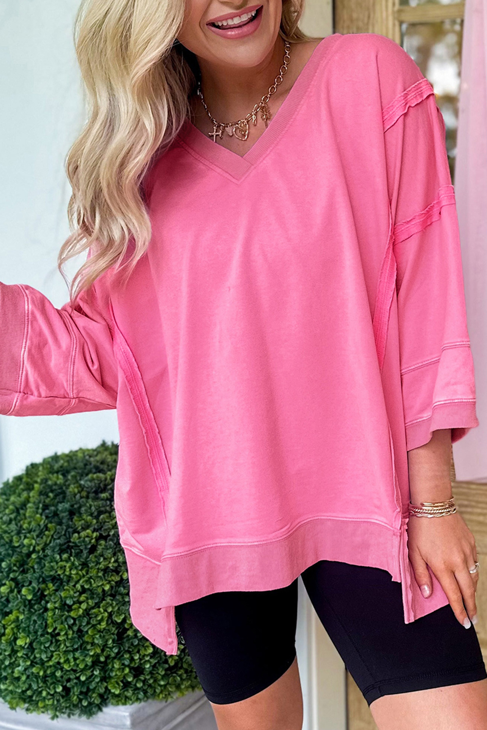 Bonbon Bracelet Sleeve Mineral Washed V Neck T Shirt - loveforevers