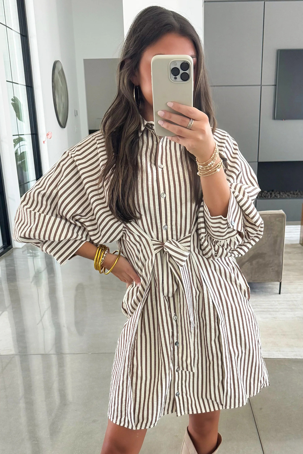 Brown Stripe Knot Waist Puff Sleeve Button Down Mini Shirt Dress - loveforevers