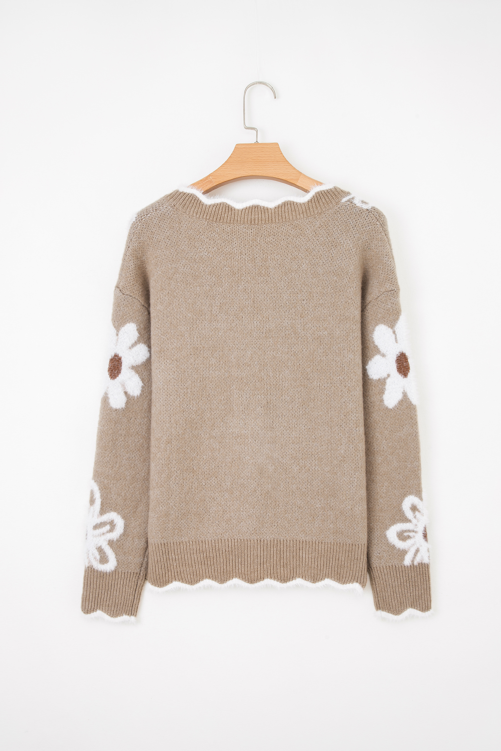 Smoke Gray Plush Flower Pattern Scalloped Trim V Neck Sweater - loveforevers