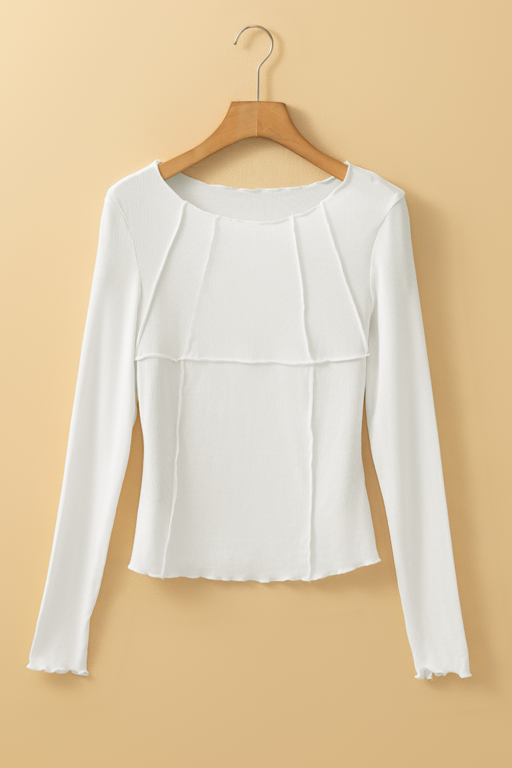 White Exposed Seam Ribbed Knit Slim Fit Long Sleeve Top - loveforevers