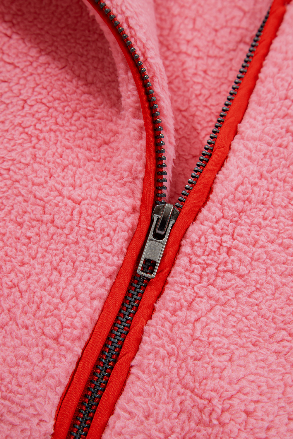 Strawberry Pink Sherpa Contrast Faux Leather Trim Half Zip Pocketed Pullover Sweatshirt - loveforevers