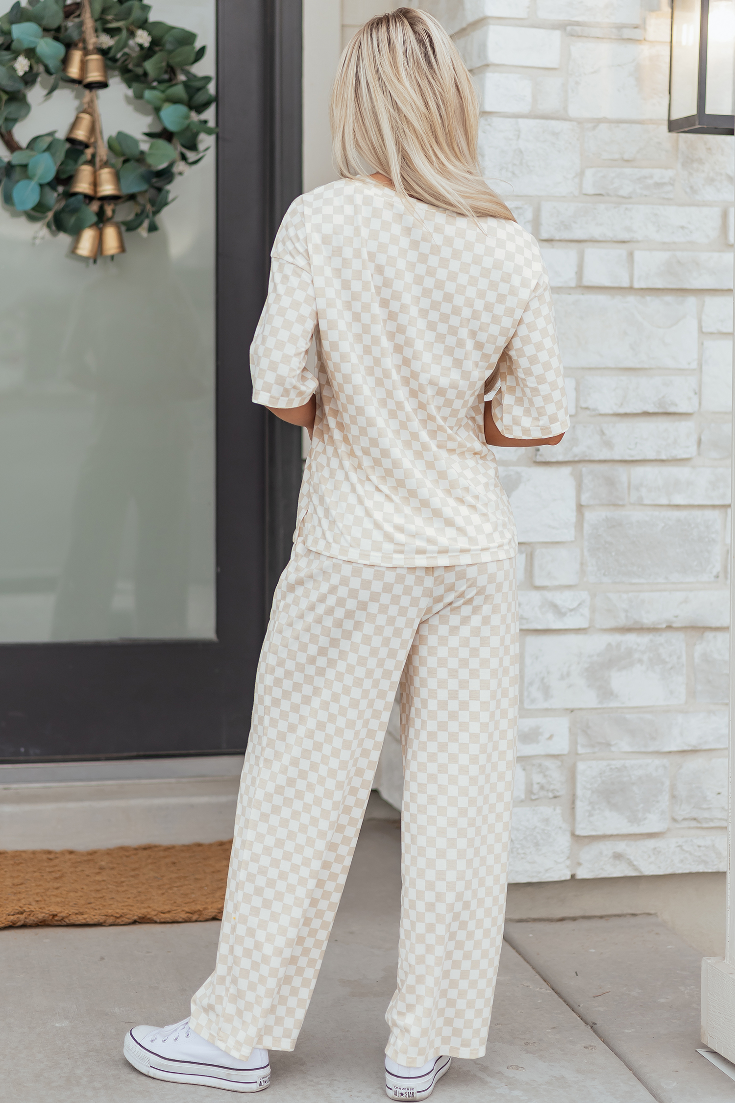 Khaki Checkered Print Half Sleeve Tee 2pcs Lounge Pant Set - loveforevers