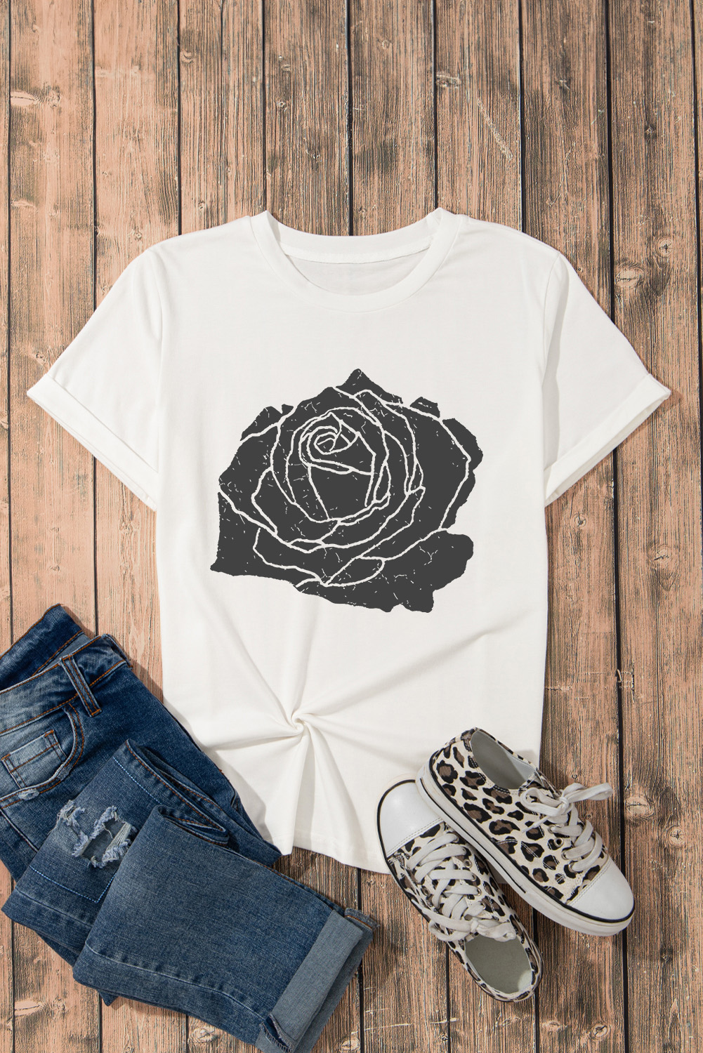 White Large Rose Print Round Neck T Shirt - loveforevers