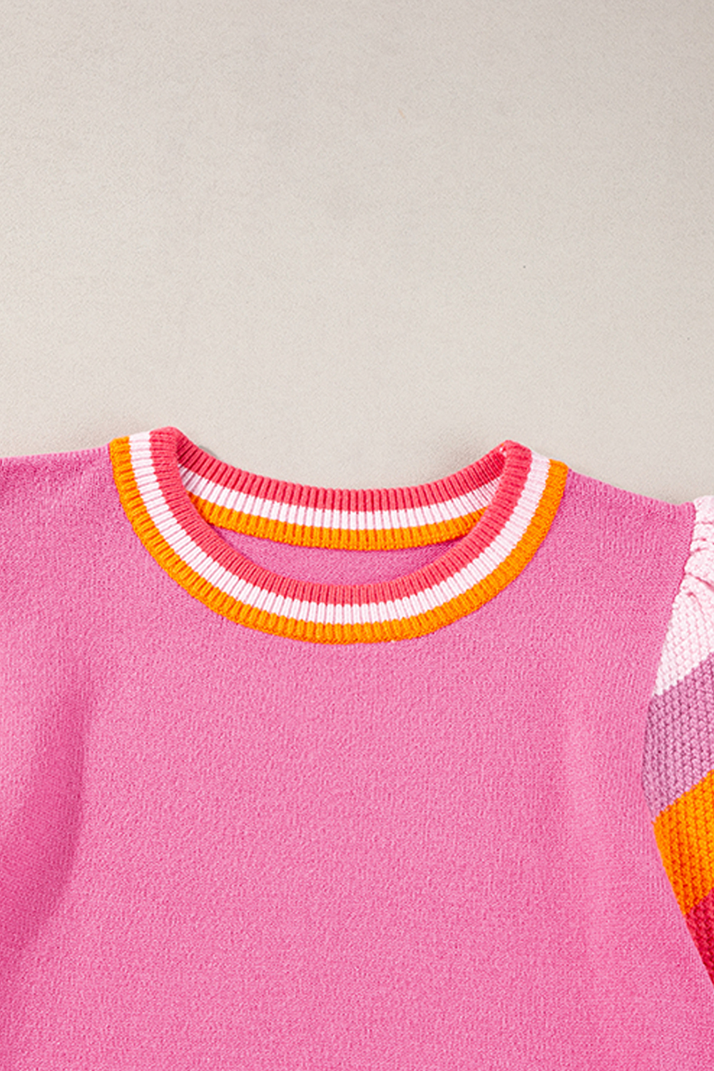 Bright Pink Contrast Flutter Sleeves Knitted Sweater T Shirt - loveforevers