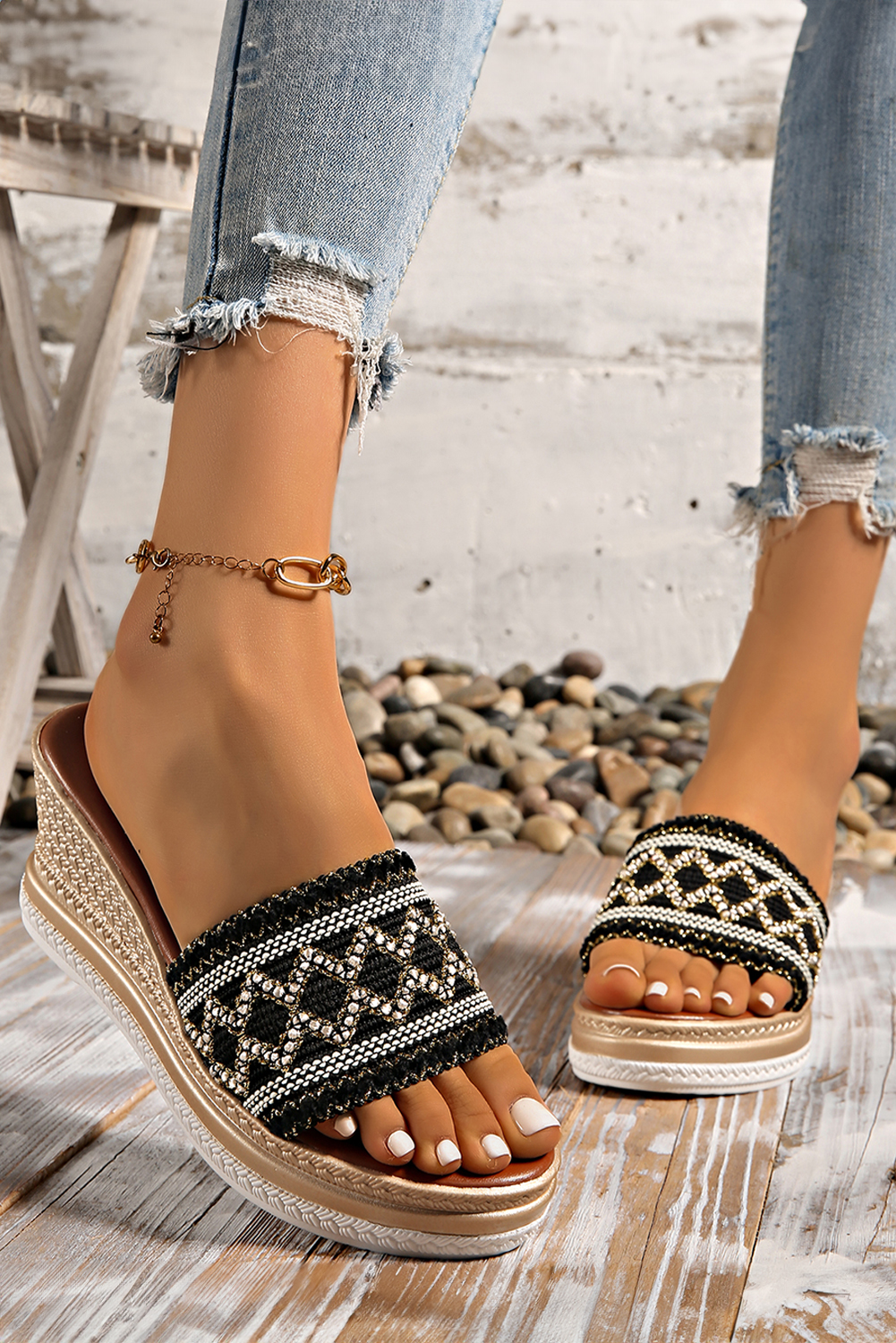 Black Woven Band PU Leather Wedge Slippers - loveforevers