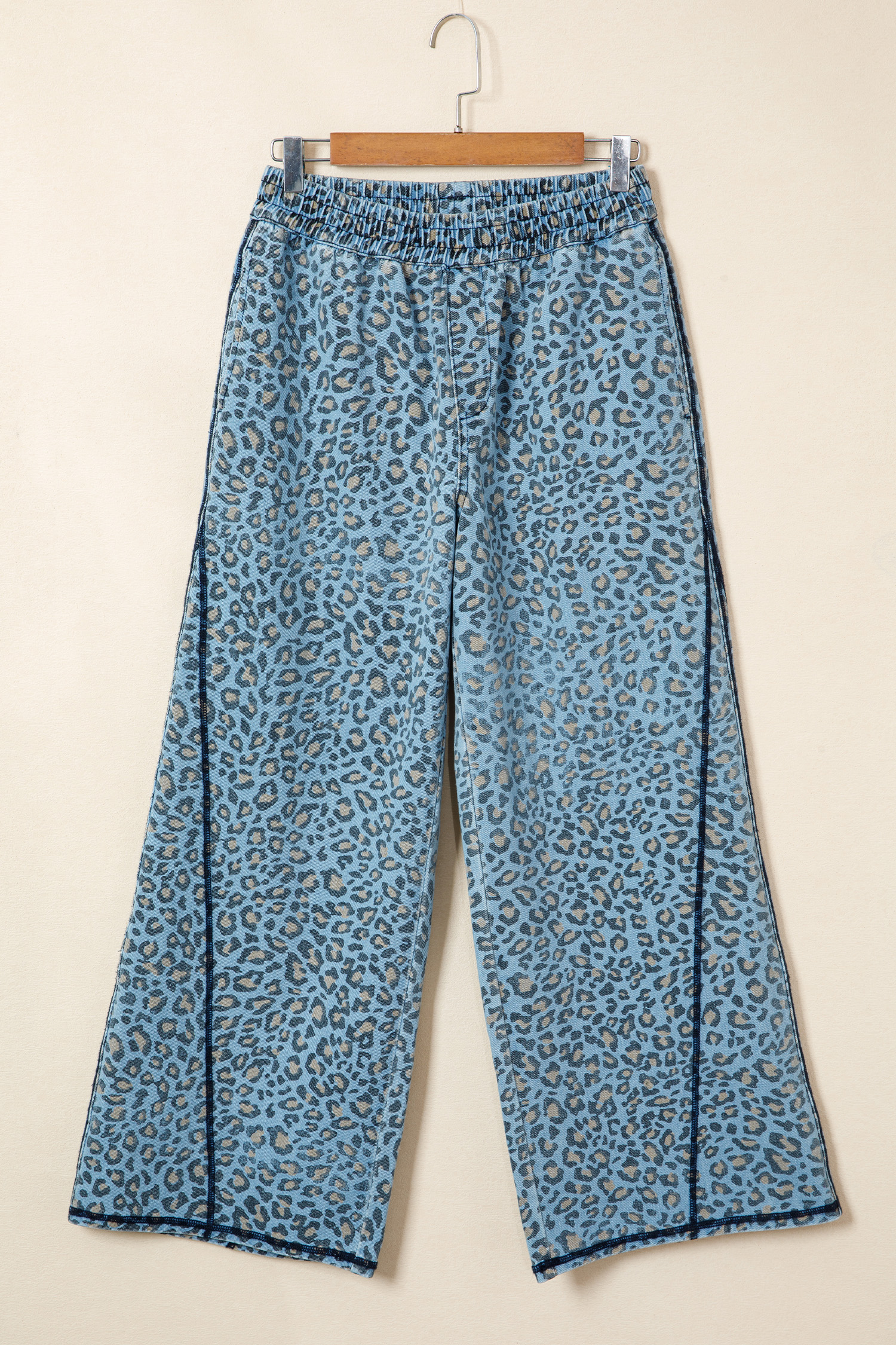 Blue Leopard Print Exposed Seam Detail Wide Leg Drawstring Jeans - loveforevers