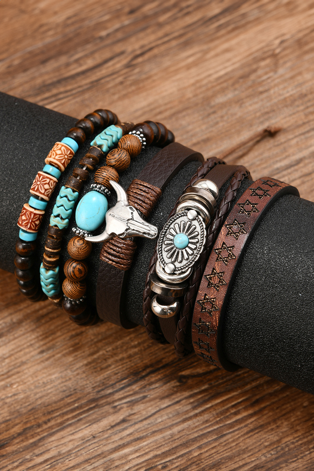 Chestnut 6 Piece Western Bull Skull Turquoise Beading Bracelet - loveforevers