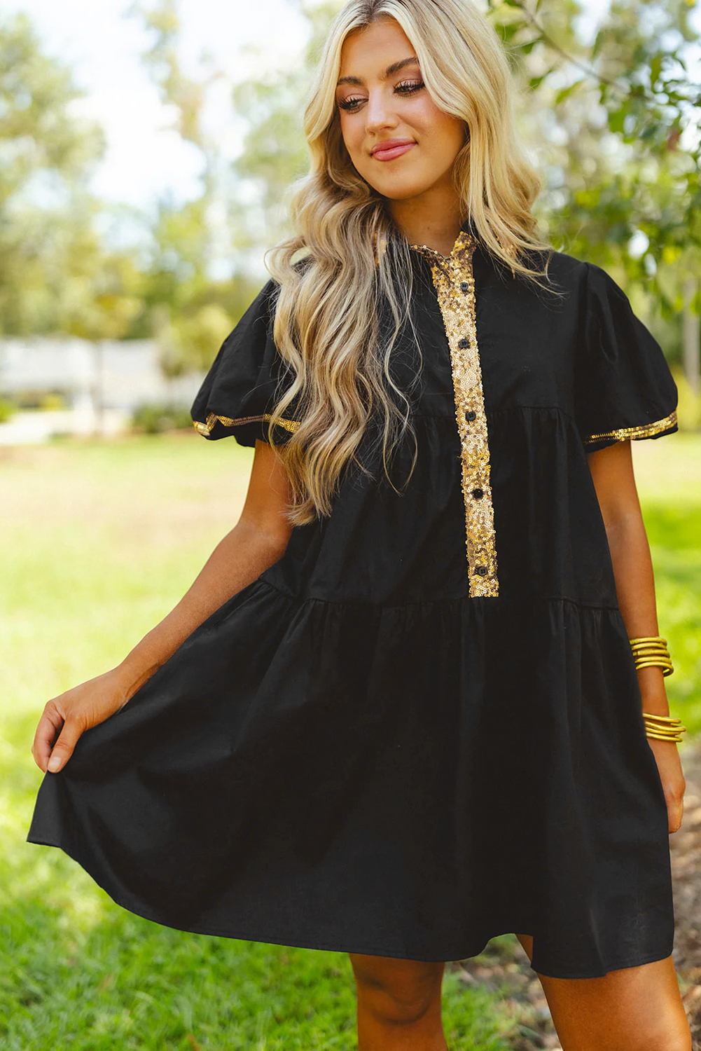 Black Sequin Trim Bubble Sleeve Game Day Shirt Dress - loveforevers