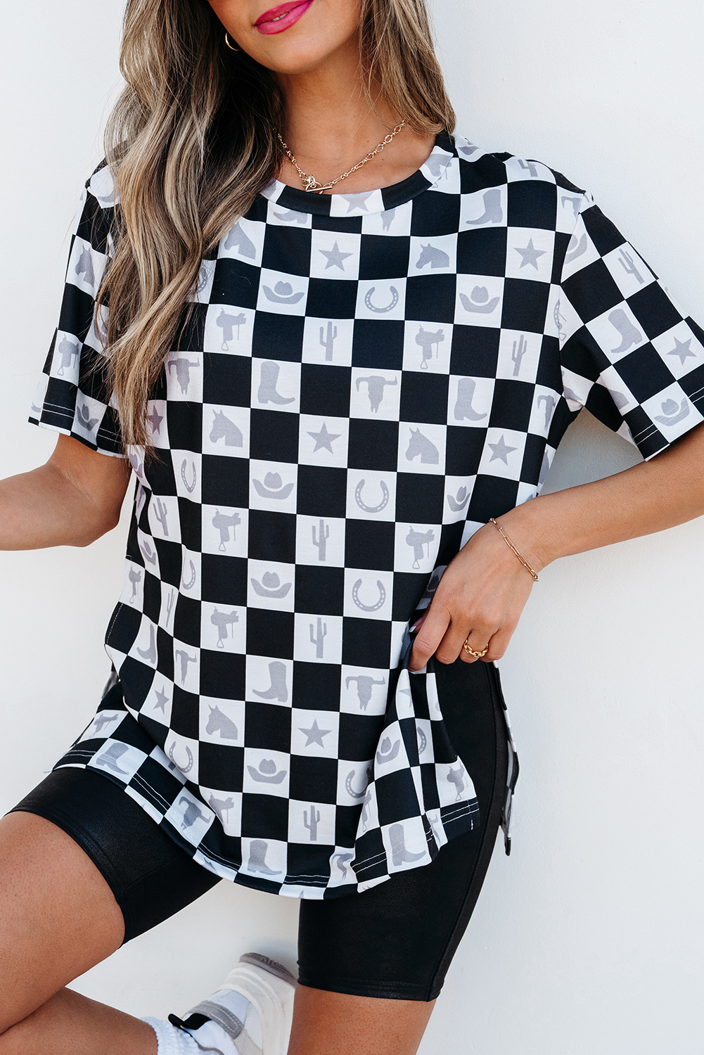 Black Western Fashion Checkerboard Print Side Split T Shirt - loveforevers