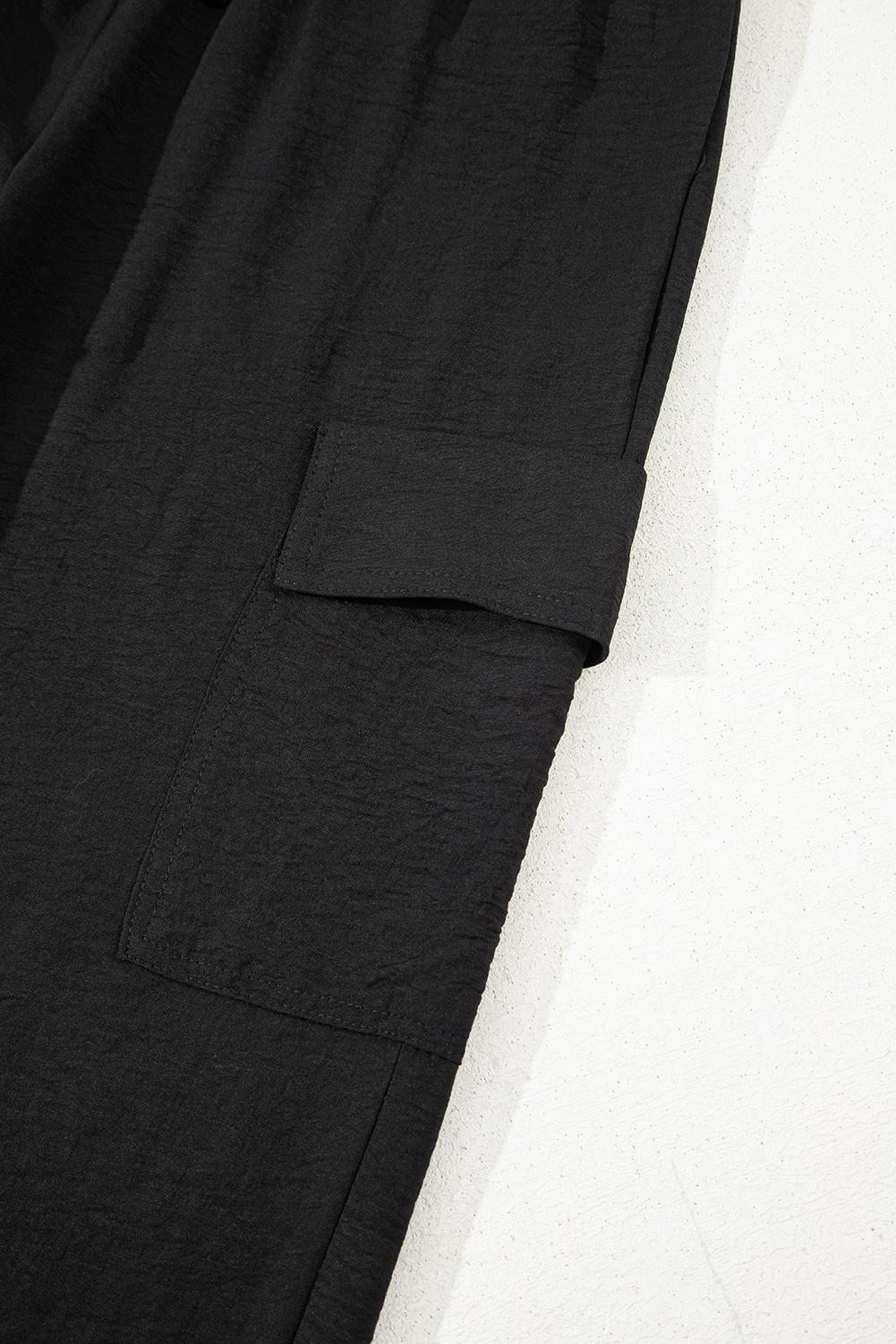Black Drawstring Frilled Elastic Waistband Wide Leg Utility Trousers - loveforevers